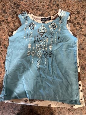 Cruel Girl Aqua Aztec Print Sleeveless Tank with Brown Trim
